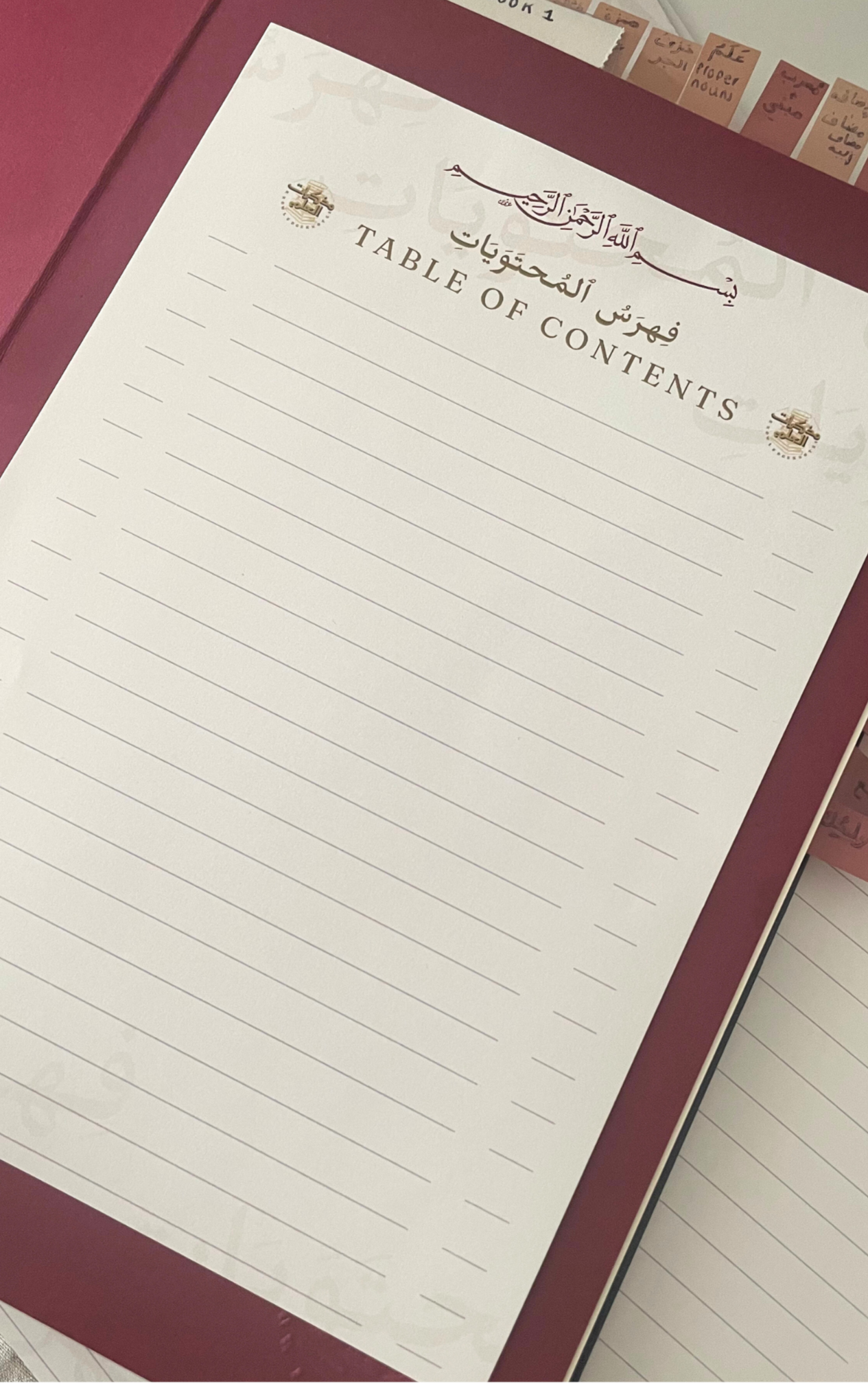 A5 Table of Contents Sheet